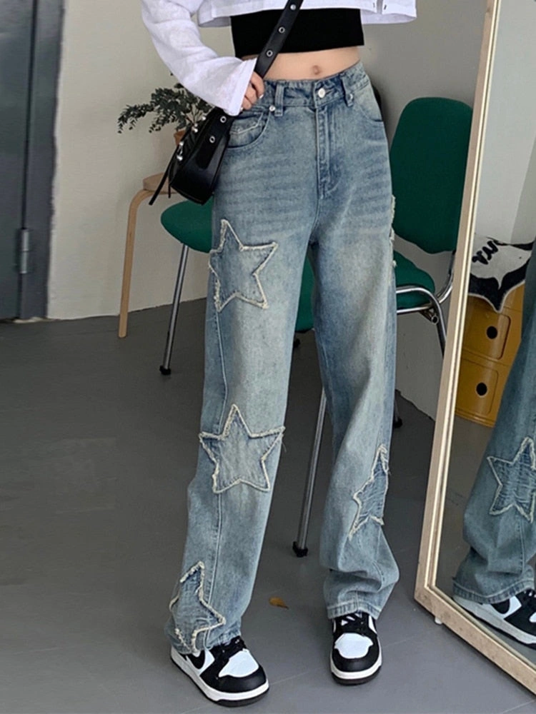 Síoga Ríomhaireachta: Jeans Leathan le Star Patchwork agus Waist Ard - Stíl Y2K!